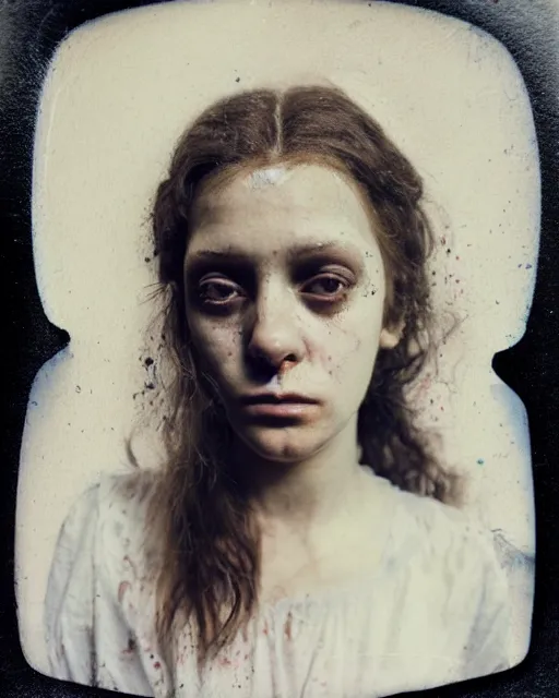 Prompt: an instant photo of a beautiful but creepy young woman in layers of fear, with haunted eyes and wild hair, 1 9 7 0 s, seventies, wallpaper, moorland, a little blood, moonlight showing injuries, delicate embellishments, painterly, offset printing technique, by mary jane ansell