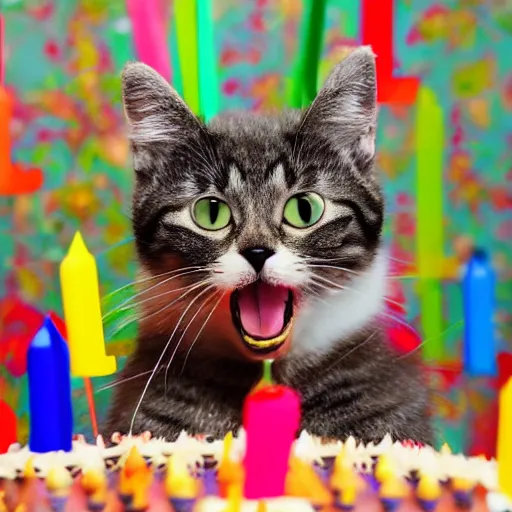 Prompt: photo of a cute happy cat celebrating his birthday. highly - detailed, sharp focus, award - winning