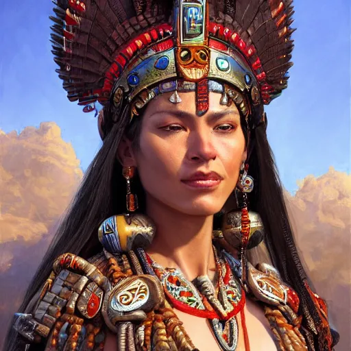 Image similar to an portrait of an happy female aztec, detailed, centered, digital painting, artstation, concept art, donato giancola, Joseph Christian Leyendecker, WLOP, Boris Vallejo, Breathtaking, 8k resolution, extremely detailed, beautiful, establishing shot, artistic, hyperrealistic, beautiful face, octane render