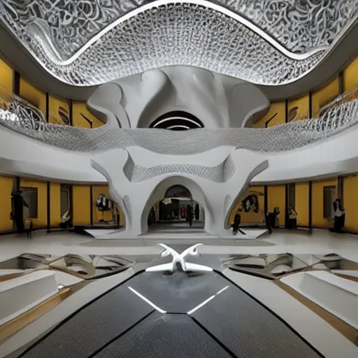 Image similar to extremely detailed ornate stunning beautiful elegant futuristic museum lobby interior by Zaha Hadid