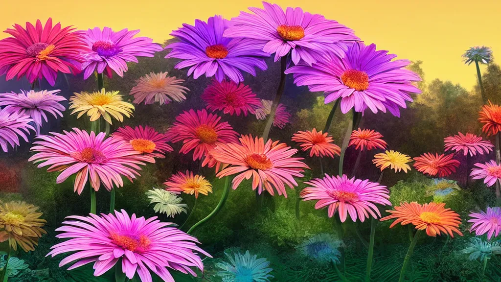 Prompt: digital illustration of a forest of giant multi - colored gerber daisy megaflowers by dr. seuss, reimagined by ilm and beeple : 1 | megaflora, viewed from below, spectral color, electric color, rolling hills : 0. 9 | fantasy : 0. 9 | unreal engine, deviantart, artstation, hd, 8 k resolution : 0. 8