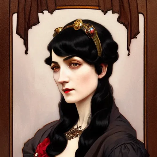 Image similar to a portrait of a woman with black hair, dressed in 1920's fashion, D&D, fantasy, intricate, elegant, highly detailed, digital painting, artstation, concept art, matte, sharp focus, illustration, art by Artgerm and Greg Rutkowski and Alphonse Mucha