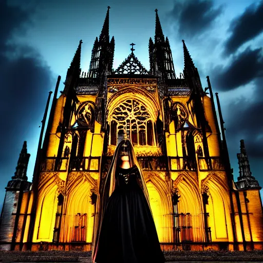 Prompt: 2 4 mm architectural shot gothic girl dressed in black, behind her a gothic cathedral, dramatic lights, dark ambients, the windows of the cathedral are reflecting red flame lights, golden hour, detailed face, intricate ornaments