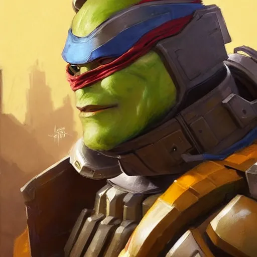 Image similar to greg manchess portrait painting of armored leonardo of tmnt as overwatch character, medium shot, asymmetrical, profile picture, organic painting, sunny day, matte painting, bold shapes, hard edges, street art, trending on artstation, by huang guangjian and gil elvgren and sachin teng