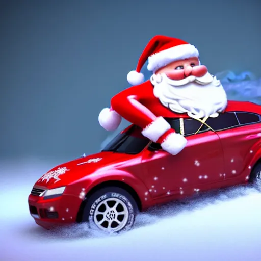 Prompt: Santa Clause driving a rally car he is going fast there is smoke coming from the tires there is snow on the track you can clearly see Santa Clause driving he is fat and jolly, octane render, realistic lighting, realistic shadows, highly reflective, photo realistic, hyper realistic