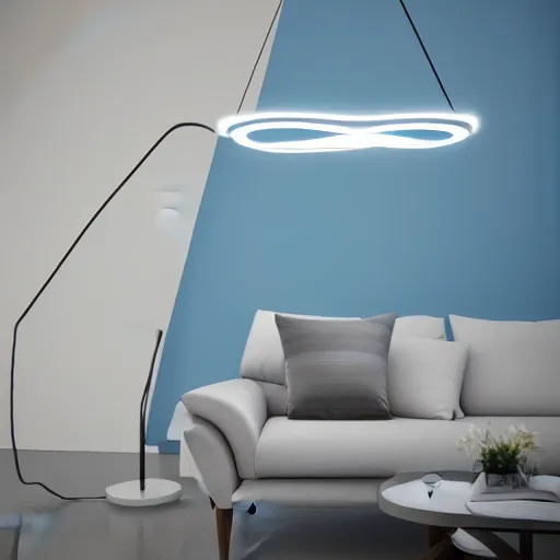 Image similar to a large modern new concept lamp blue florescent light, shape inspired by the woman body, placed in a living room, home design magazine, pencil 3d sketch, HD resolution