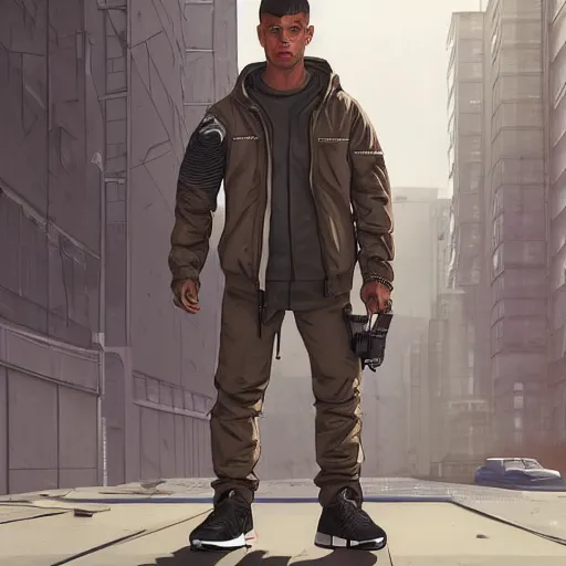 Image similar to A broad shouldered, muscular man wearing Acronym p-31 Ds pants and beige-earth Parka jacket and Nike Acronym presto sneakers, rooftop, sniper rifle stationed in background, Police sirens shining in far background, trending on r/techwearclothing, high quality, digital art, dirty cyberpunk city, rain, greg rutkowski