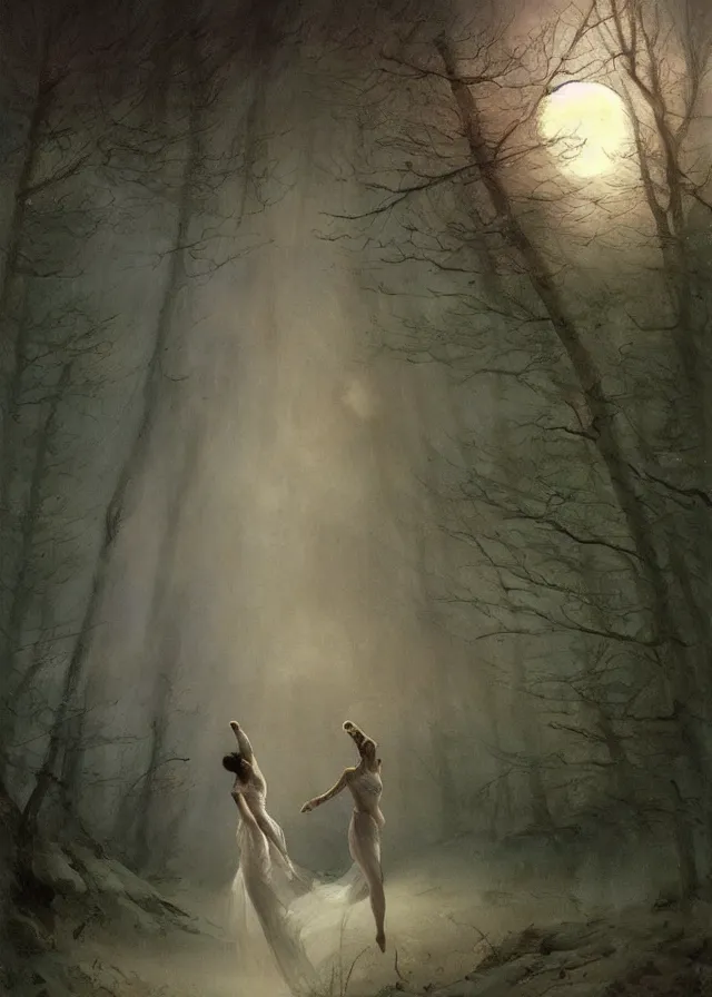 Prompt: dancers in white lit only by the moon, contemporary dance on the forest floor, the twilight dance of the fae by aleksi briclot, and ivan aivazovsky, contemporary dance, watercolor, surrealist, artstation, artgerm