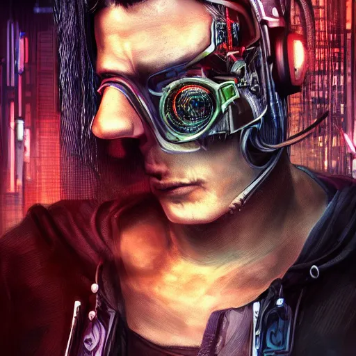 Prompt: mark frauenfelder as a cyberpunk warrior 4 k, hyper realistic, natural, highly detailed, digital illustration, trending in artstation, smooth, sharp focus art