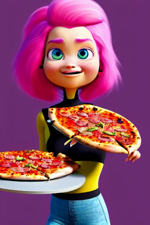 Image similar to pixar man with pink hair eating pizza | glamorous oily soft polished rich ornate modern | weta disney pixar movie still photo | hi - fructose, sci fi fantasy, smooth, octane render, sharp focus, artstation, concept art | artgerm, mucha, rutkowski, feng zhu, wlop, loish