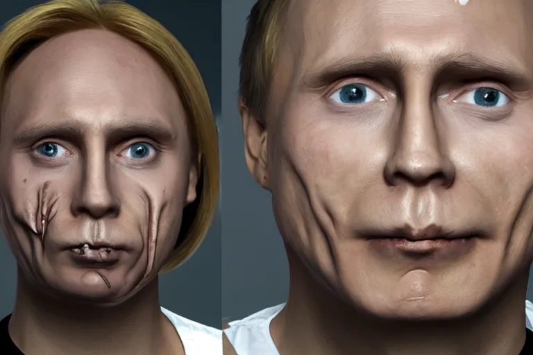 Image similar to a horrific photograph of a disgusting amorphous blob!!!!!!!!!! putin, failed cosmetic surgery, ( ( ( ( ( ( ( ( lip filler ) ) ) ) ) ) ) ), 8 k, volumetric lighting, unreal engine, ultra - realistic, grotesque, nightmare fuel, dripping skin, david cronenberg, ren and stimpy