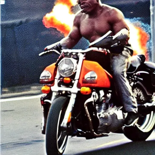 Image similar to mike tyson riding a motorcycle, explosion in the background