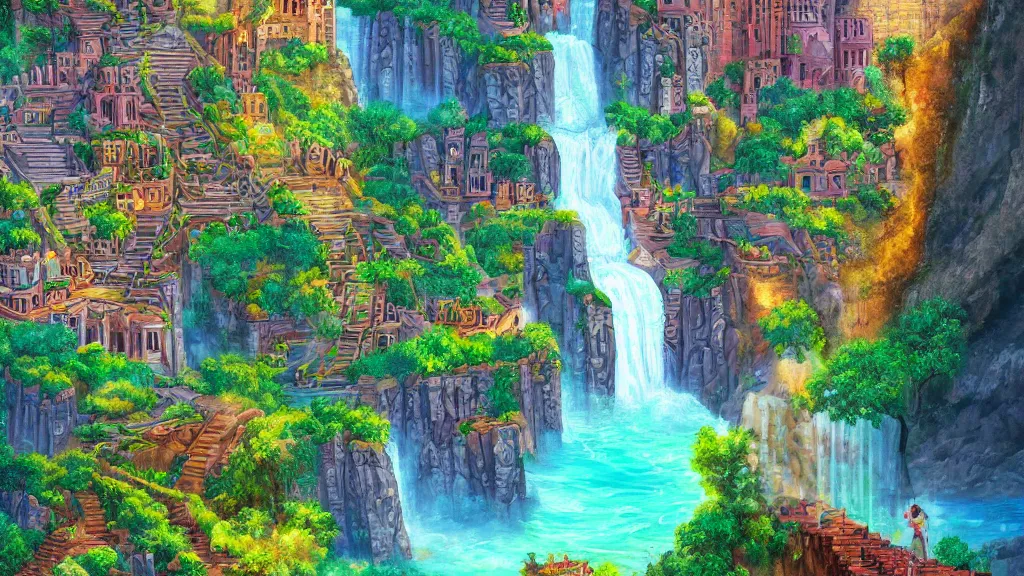 Image similar to ancient aztec city built into a cliff face, waterfall cutting the city in half, lovely colors, art station, digital art, HD, 4k, beautiful foliage