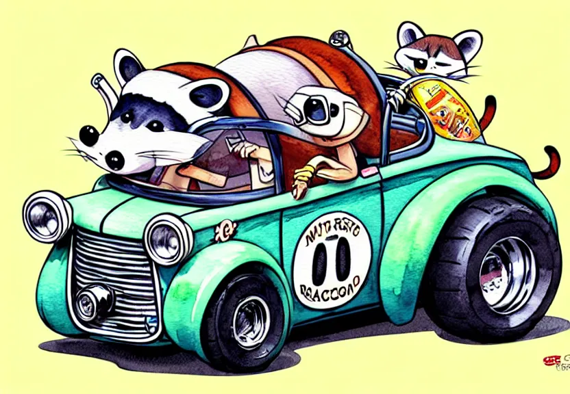 Image similar to cute and funny, racoon riding in a tiny hot rod coupe with oversized engine, ratfink style by ed roth, centered award winning watercolor pen illustration, isometric illustration by chihiro iwasaki, painting overlay by range murata