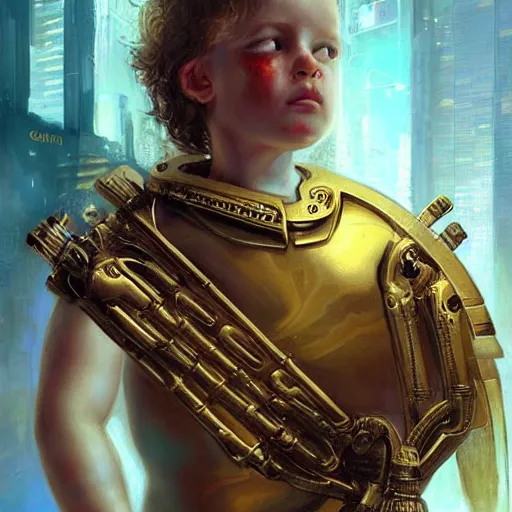 Image similar to stunning portrait of 3yo greek argonaut Orpheus wearing a golden lyre, painting by Raymond Swanland, cyberpunk, sci-fi cybernetic implants hq