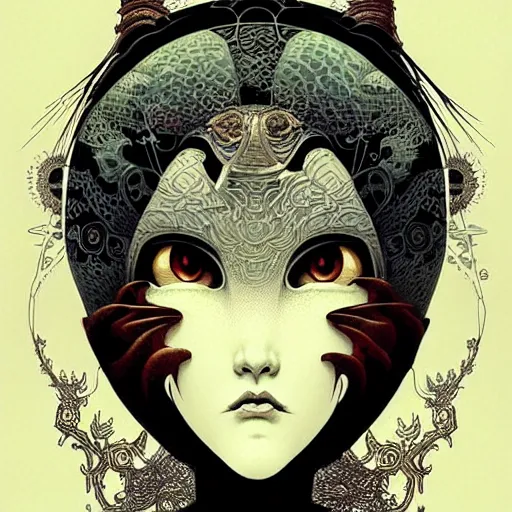 Prompt: portrait soft light, by killian eng and joe fenton and ian mcque, inspired by victorian japanese masks, vibrant, etching, sharp high detail,