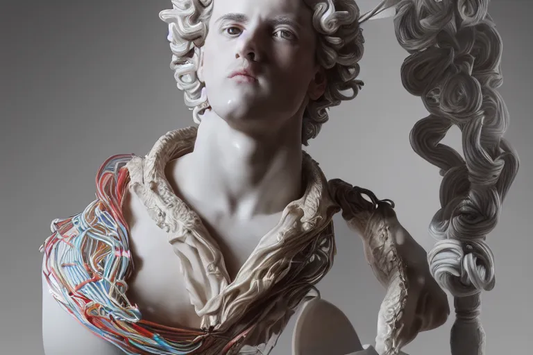 Prompt: a beautiful porcelain Baroque style bust of handsome young Spanish man with colored pipecleaners coming out of the neck suspended in space, photorealism, octane render, depth of field, 8k, 35mm, artgem, Trending on artstation