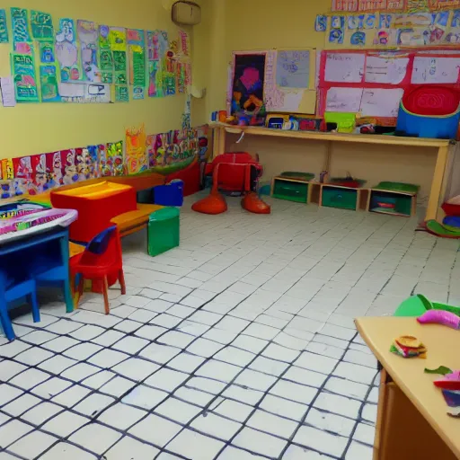 Image similar to childrens daycare indoors limital space, not well litt, creepy photo