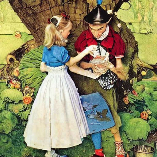 Prompt: alice in wonderland by norman rockwell