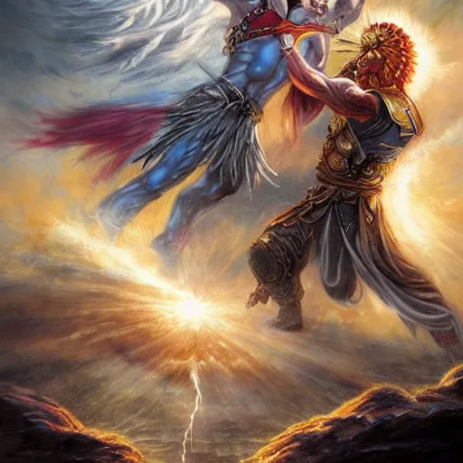 Image similar to The Son of the Sun God fighting the Son of the Thunder God, epic fantasy art, detailed
