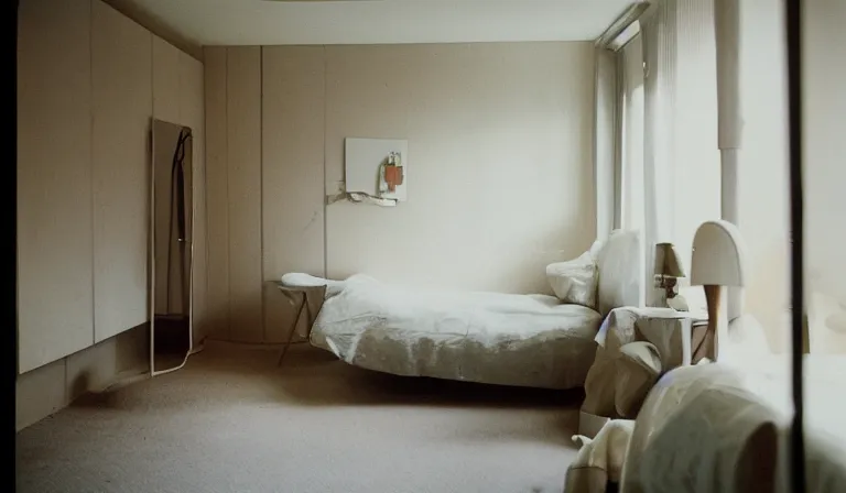 Prompt: A bedroom designed by Hugo Comte, 35mm film, long shot