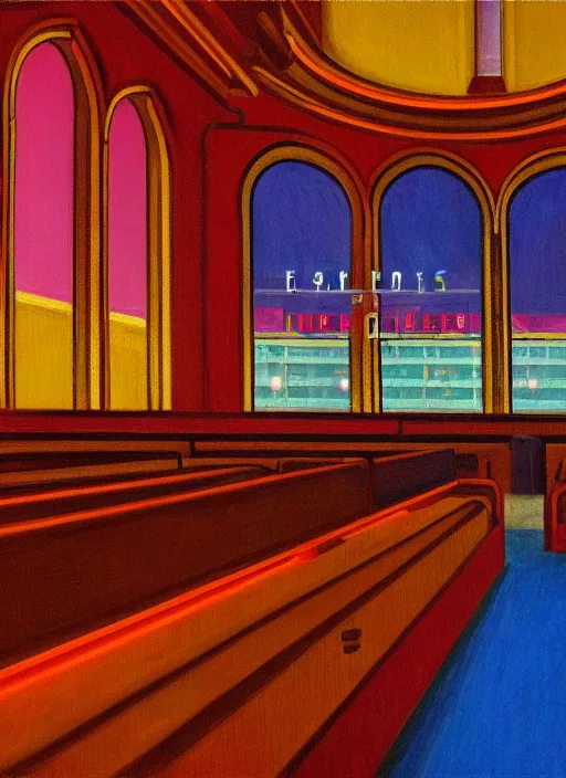 Image similar to a church interior with neon lights painted by Edward Hopper and James Gilleard