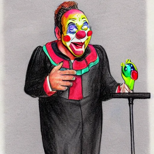 Image similar to UHD courtroom sketch of cosmic clown Judge wearing authentic clown costume and real bizarre clown makeup, with Alex Jones on Trial, correct face, accurate faces, intricate details, intricate cllown judge