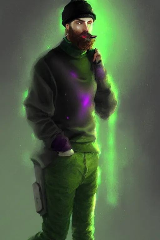 Prompt: a young man with a chin brown beard in black cap, light green turtleneck, purple pants and in a white sneakers, decorated, high fantasy, sharp focus, intricate, elegant, digital painting, artstation, matte, highly detailed, concept art, illustration, ambient lighting, art by bastien deharme