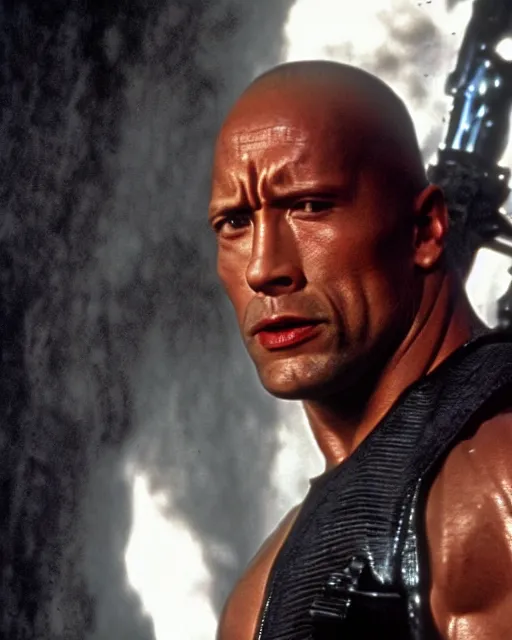 Prompt: Film still close-up shot of Dwayne Johnson as the Terminator from the movie Terminator 2. Photographic, photography