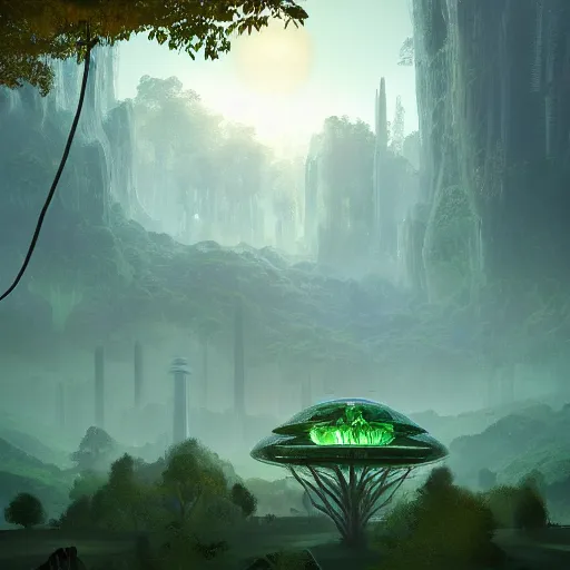 Prompt: futuristic glowing temple between green hills with big trees, multiple planets, dramatic lighting, artstation, matte painting, raphael lacoste, simon stalenhag, frank lloyd wright
