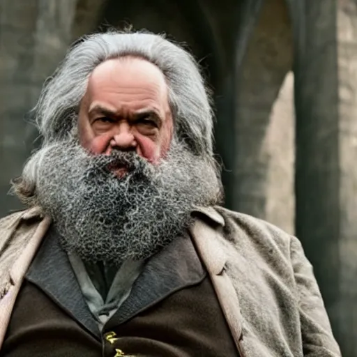 Prompt: karl marx as Hagrid, still from harry potter movie, 4k, cinematic