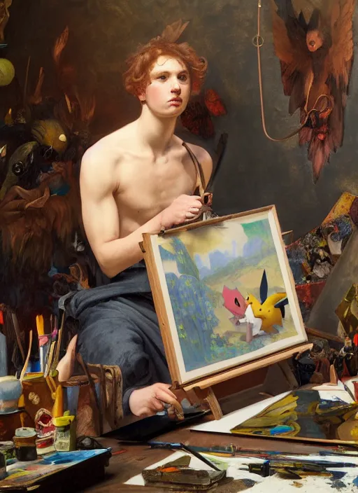 Image similar to a young painter in his studio painting a picture of a colourful pokemon, by edgar maxence and caravaggio and michael whelan and delacroix style, artistic, intricate drawing, cinematic lighting, hyper realistic, extremely detailed, establishing shot, 8 k resolution, dramatic lighting