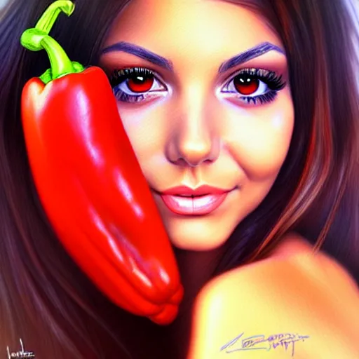 Image similar to victoria justice transformed into a bell pepper, by artgerm, wlop. vastly enriched image quality. lucidly vivid. iridescentally detailed. extremely elegant and beautiful.