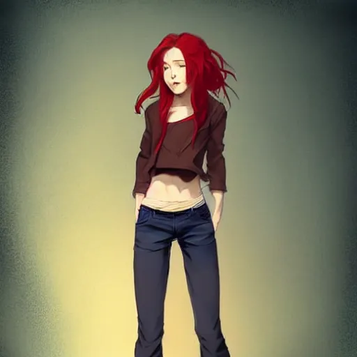 Image similar to full-body shot of an attractive tomboy girl with long, crimson red hair and red eyes, wearing a brown, open jacket and green jeans with a stern look, midriff, concept art, character design, by WLOP, by Tomine, by Kon, Satoshi, by Leyendecker