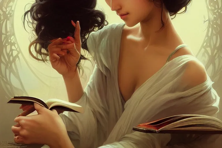 Image similar to sensual good looking pale young bengali girl with soulful eyes reading a novel, portrait, elegant, intricate, digital painting, artstation, concept art, smooth, sharp focus, illustration, art by artgerm and greg rutkowski and alphonse mucha