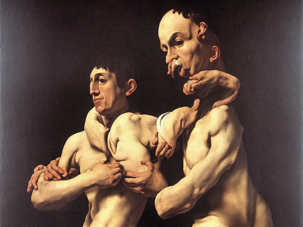 Prompt: A man. Simple, not deformed at all, with only two arms and two legs and symmetrical face. Painting by Caravaggio