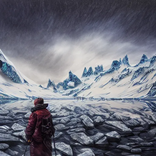 Image similar to menacing presence trailblazer Antarctica glacial cult incomprehensible topology ambience, realistic fantasy, oil painting, extremely high detail, photorealistic, cinematic lighting, oil painting, intricate line drawings, 4k resolution