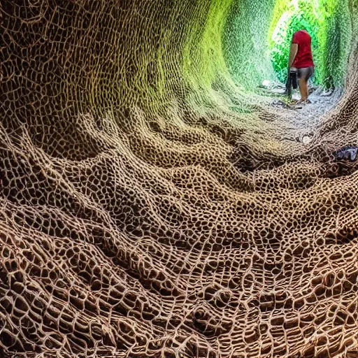 Image similar to interior of a huge ant nest tunnel where some humans are living. the humans are wearing realistic ant costumes