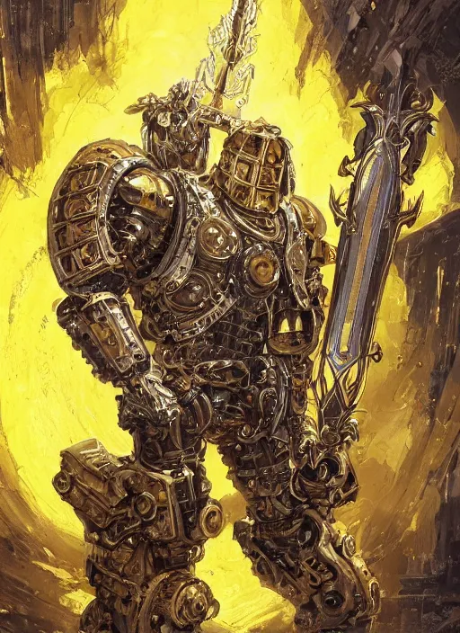 Prompt: dynamic portrait of a intricate glorious holy mechanical warforged character in yellow armor holding a paladin engraved great longsword and carrying a big paladin shield, spotlight from face , epic , trending on ArtStation, masterpiece, cinematic lighting, by Jesper Ejsing and by Philippe Druillet and by Yoann Lossel and by John Salminen