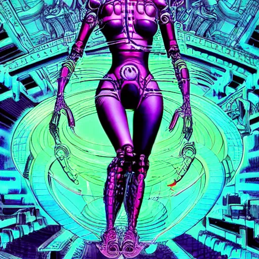 Prompt: sleek highly evolved biomechanical nubile borg queen hybrid being possessed by the machine spirit, artists mœbius and philippe caza with beryl cook and jack kirby, high contrast cinematic light, mystical shadows, sharp focus, octane render