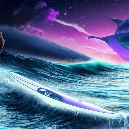 Image similar to photo of a alien surfing a surfboard on a crashing l wave of alien ocean in space, background is an alien galaxy, aliens in the background, alien colors, octane render, unreal engine, wide view, 8 k, high detaild