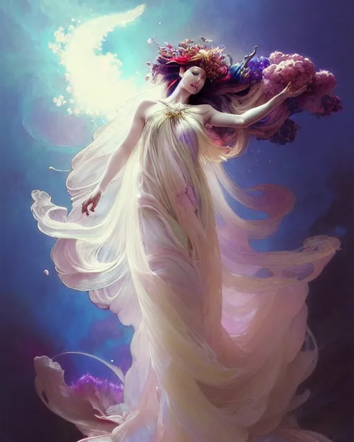 Image similar to Full View ultrarealistic Portrait ethereal fantasy deity wearing beautiful gown, rising in the air levitating, flowers, calm, 4k digital masterpiece by Anna Dittman and Alberto Seveso Ruan Jia, rossdraws, artgerm and greg rutkowski and alphonse mucha and loish and WLOP, fantasycore, Hyperdetailed, fractals, scribble art, realistic digital painting, atmospheric, fireflies, soft lighting, featured on Artstation