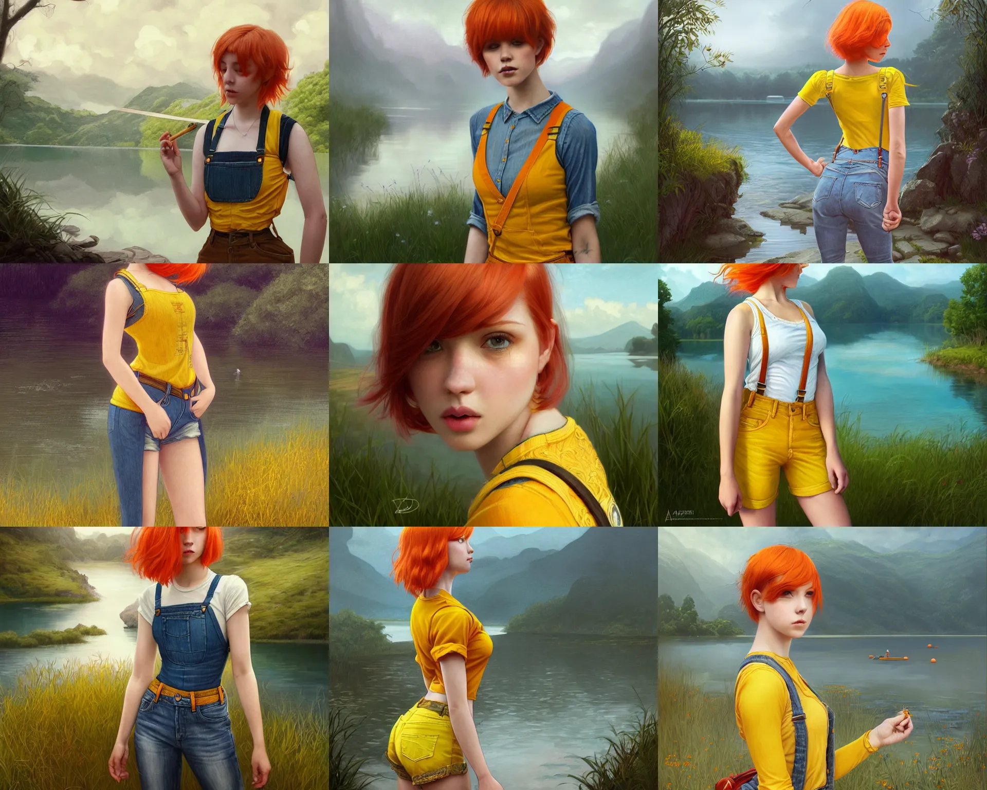 Prompt: annoyed girl with short orange hair next to a lake, wearing yellow croptop, short denim jeans and suspenders, deep focus, d & d, fantasy, intricate, elegant, highly detailed, digital painting, artstation, concept art, matte, sharp focus, illustration, hearthstone, art by artgerm and greg rutkowski and alphonse mucha