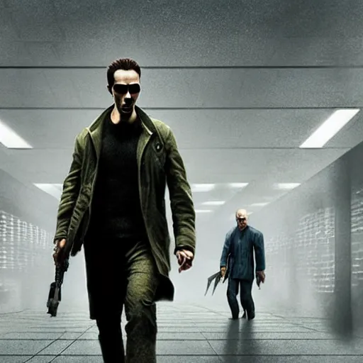 Image similar to a man walking into the matrix, concept art, illustration, highly detailed, artwork, cinematic, hyper realistic