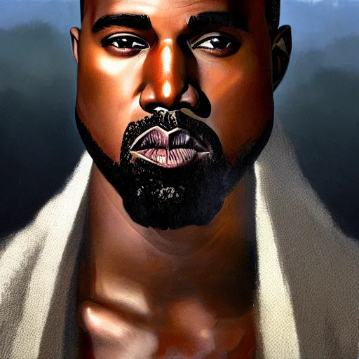 Image similar to winking kanye west as jesus closeup portrait, dramatic light, lake background, 2 0 0 mm focal length, painted by stanley lau, painted by greg rutkowski, painted by stanley artgerm, digital art, trending on artstation