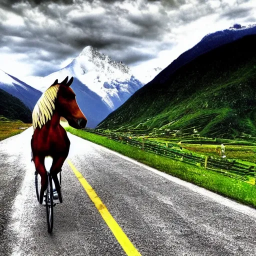 Image similar to horse on bicycle!, cycling!!, anthropomorphic!!, in the mountains, award winning photo,