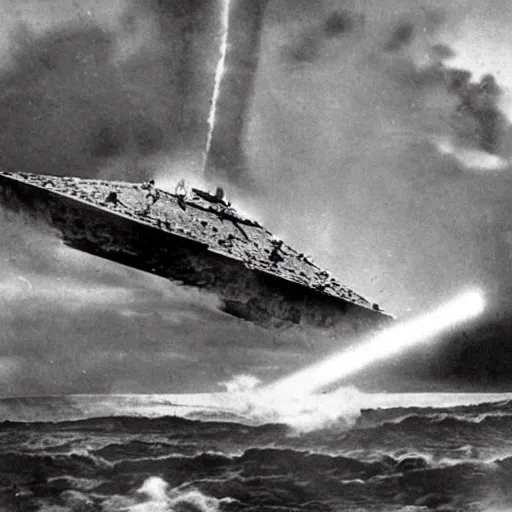 Image similar to an old ww2 photograph of a star destroyer crashing into earth