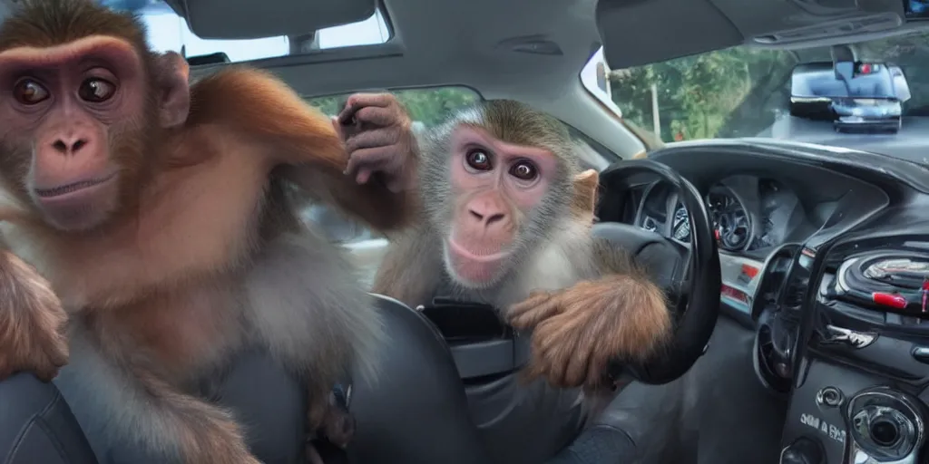 Image similar to a man with a crazy look driving car, a monkey holding a revolver in the back seat, a frightened man next to the driver, hd, ultra realistic, detailed, cinematic