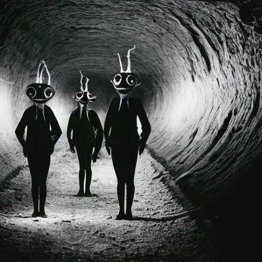 Image similar to cinematic photo of humans wearing realistic ant costumes in an underground unfinished dirt tunnel. several tunnel exits lead off in different directions. directed by david lynch. 3 5 mm film soft light, shadows, vhs copy film grain.