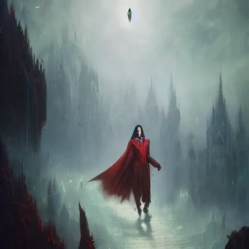 Image similar to Dracula traveling through a beautiful psychedelic multiverse, art by Greg Rutkowski, cartoon, post-processing, fantasy, masterpiece, vivid colors, trending on artstation